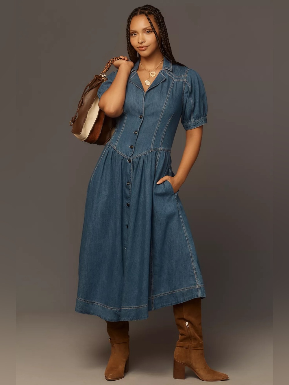 Anthropologie Pilcro Short-Sleeve Denim Midi Shirt Dress